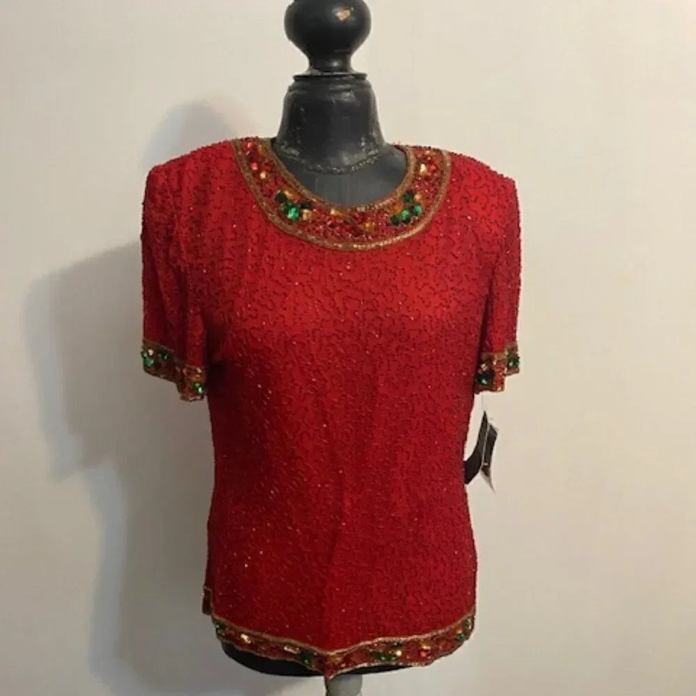 Papell Boutique Evening Red Sequin beaded top, size XL